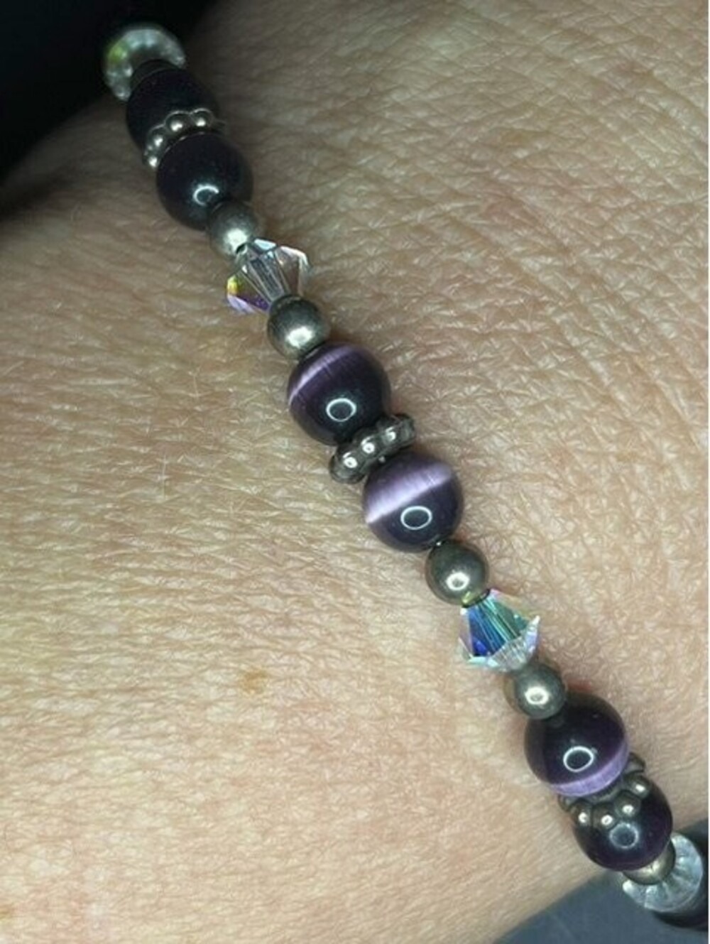 B7371 Purple Cat Eye Crystal Bead Bracelet Sterling 925 Heart Arrow Toggle 7.5"